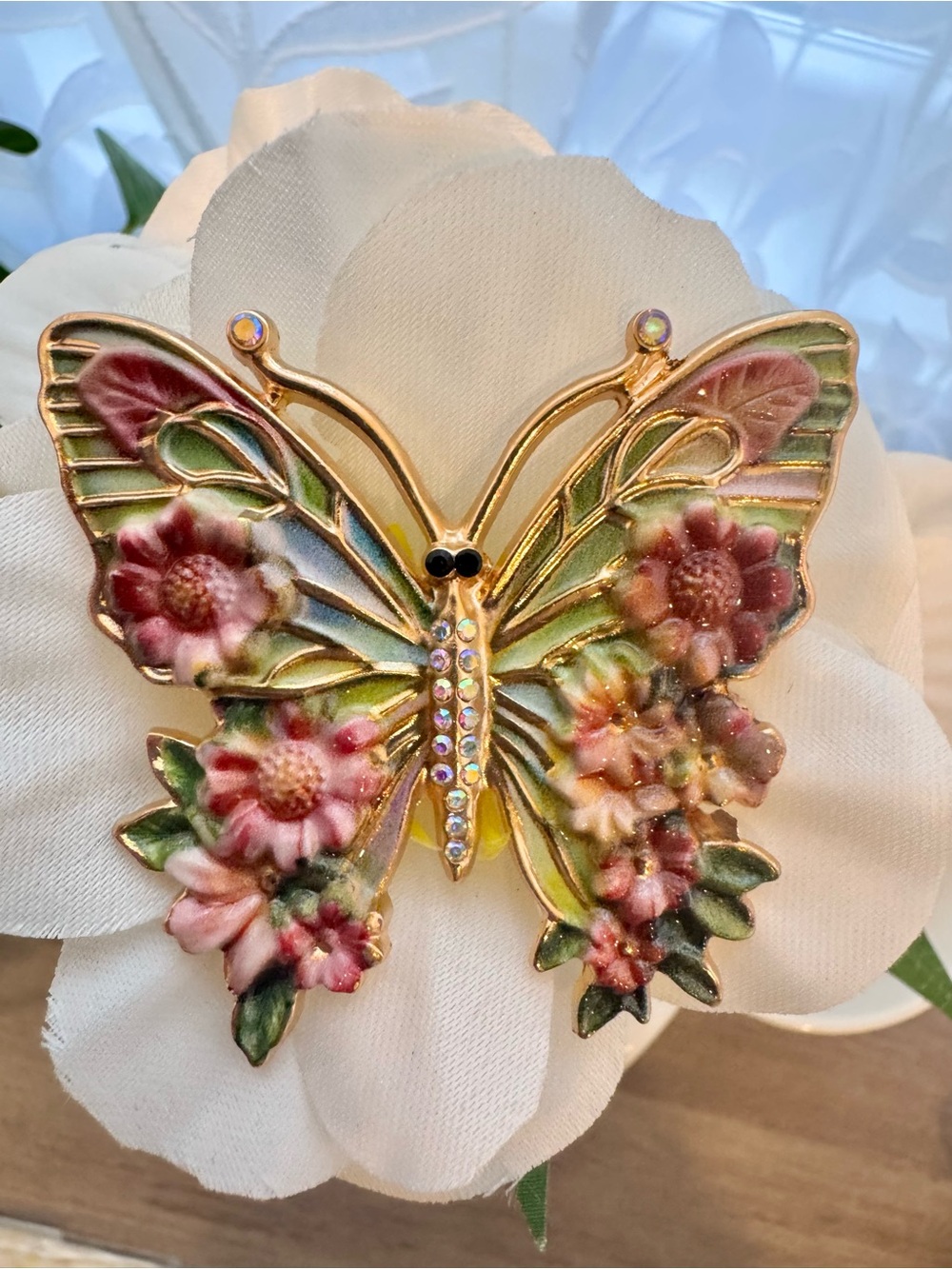 Gold enameled Floral Butterfly Brooch in Pink and Green approx. 2.5” x 2”
